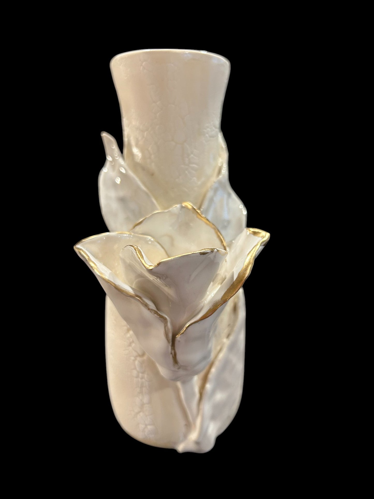 Slip Cast Textured Vase with Sculpted Tulip and Gold Leaf Accents 7"