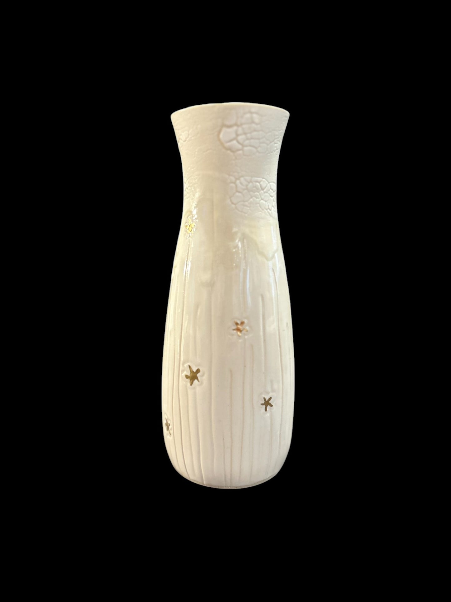 Slip Cast Vase with Carved Spring Beauties Flowers with Gold Leaf Accents 7"