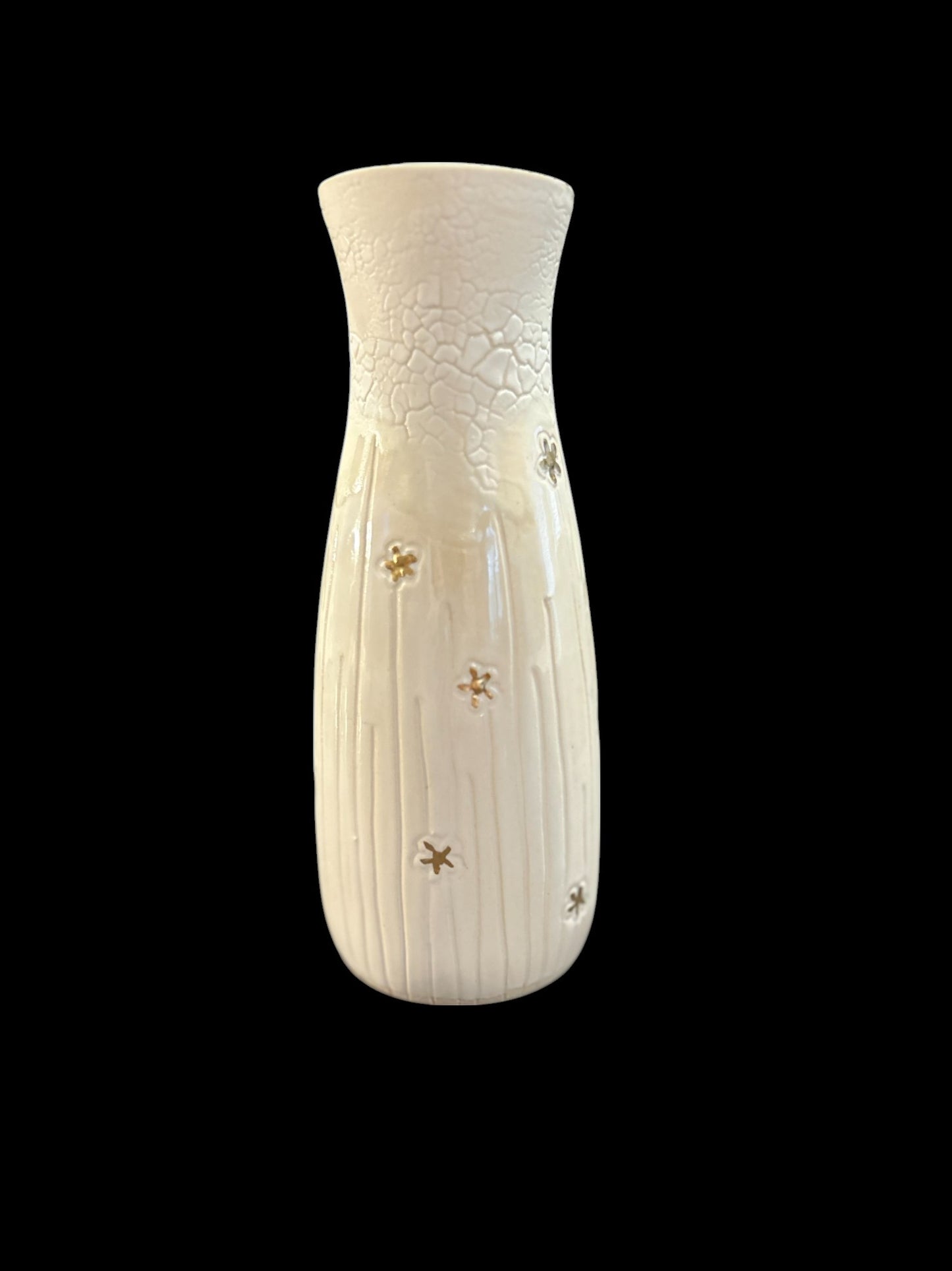 Slip Cast Vase with Carved Spring Beauties Flowers with Gold Leaf Accents 7"