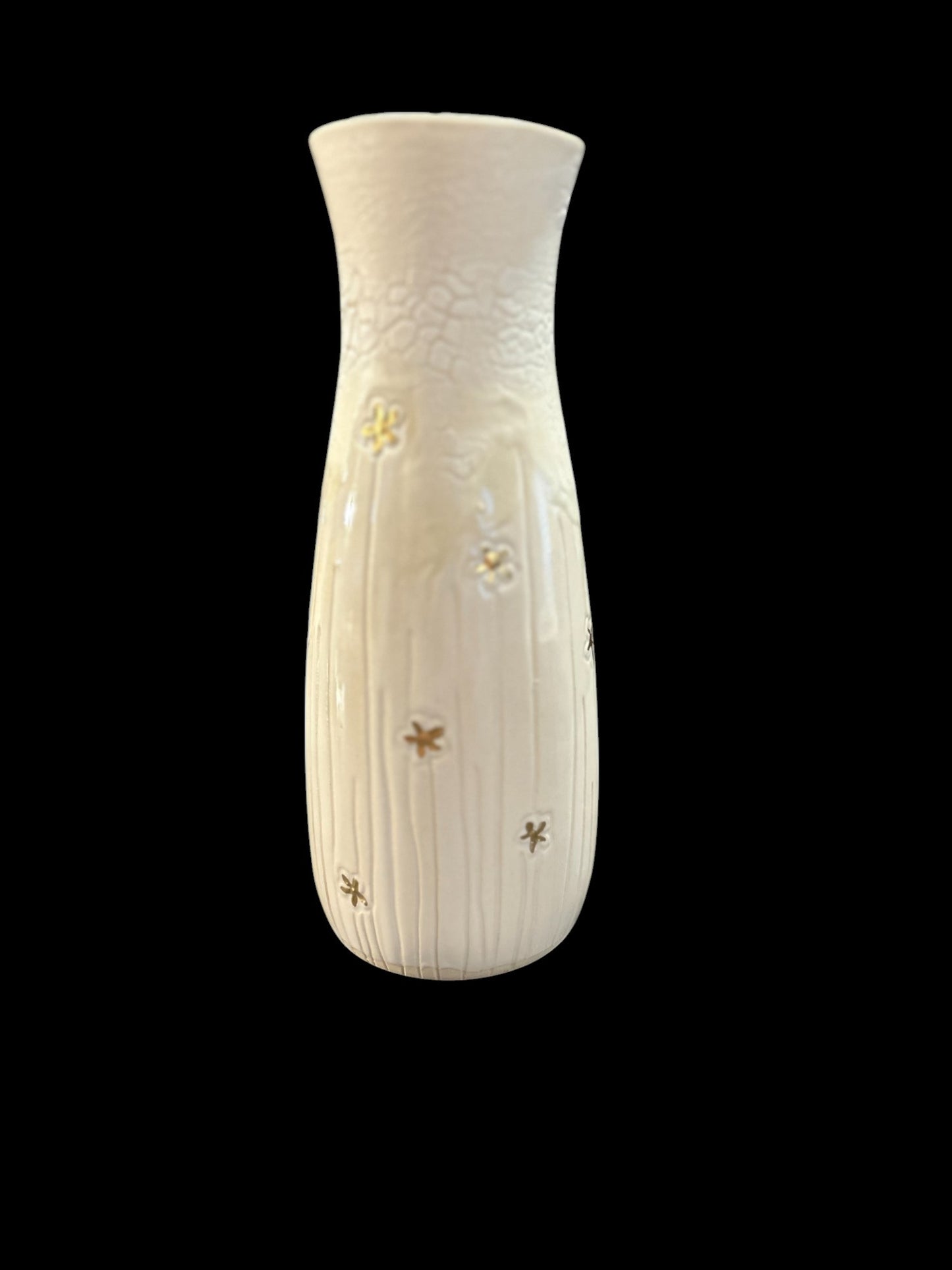 Slip Cast Vase with Carved Spring Beauties Flowers with Gold Leaf Accents 7"