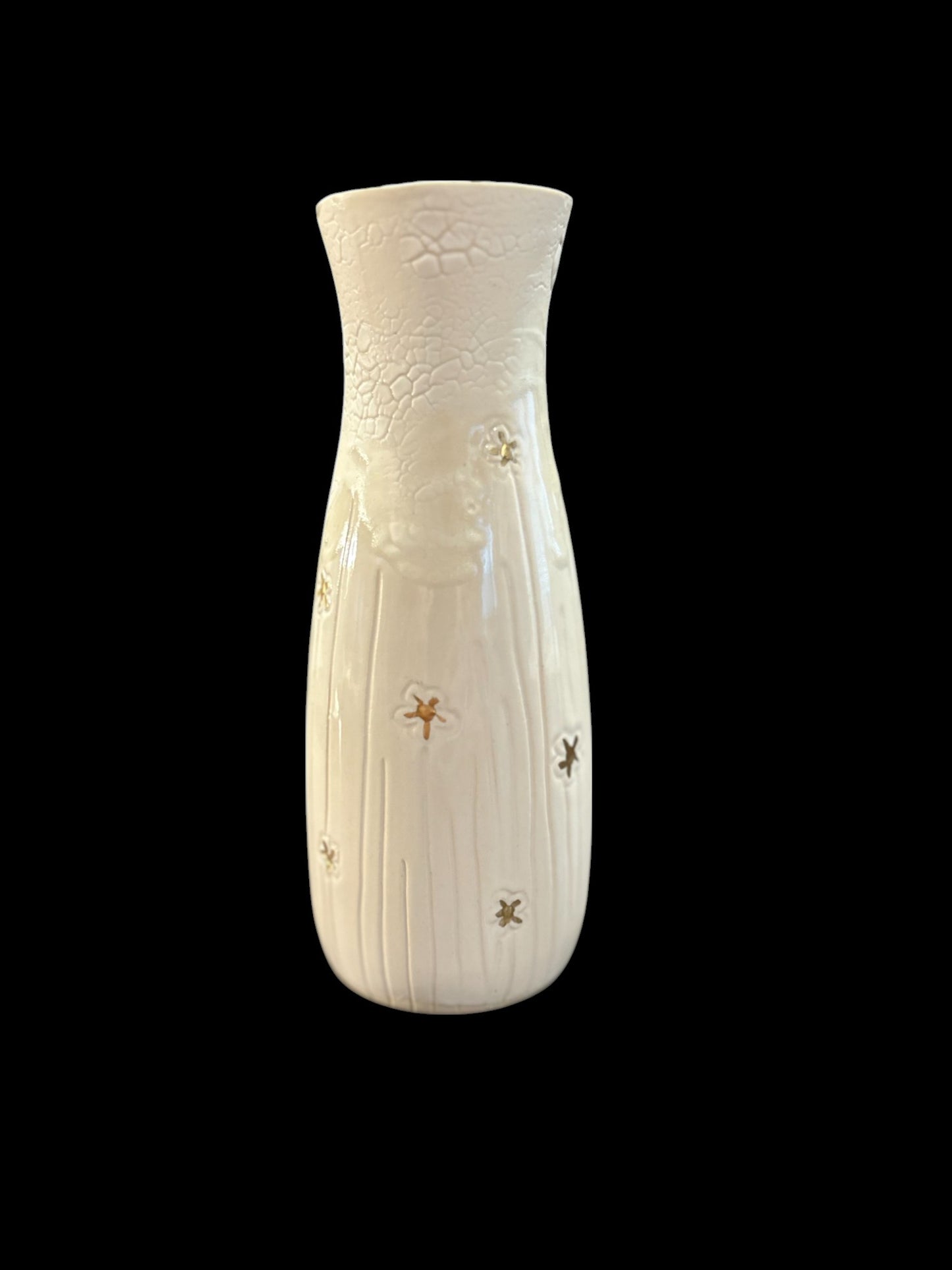Slip Cast Vase with Carved Spring Beauties Flowers with Gold Leaf Accents 7"