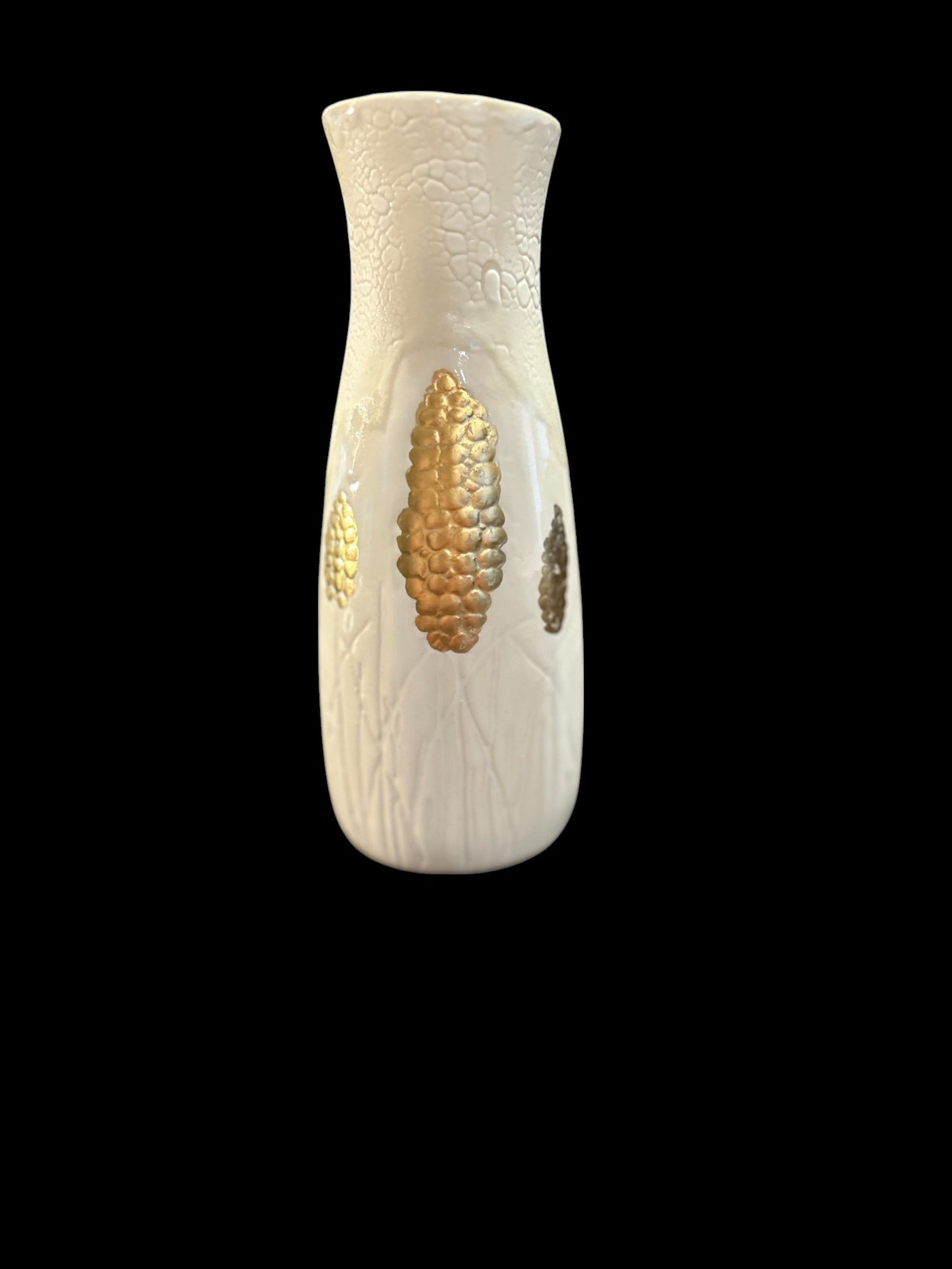 Slip Cast Textured Vase with Carved Grape Hyacinths with Gold Leaf Accents 7"