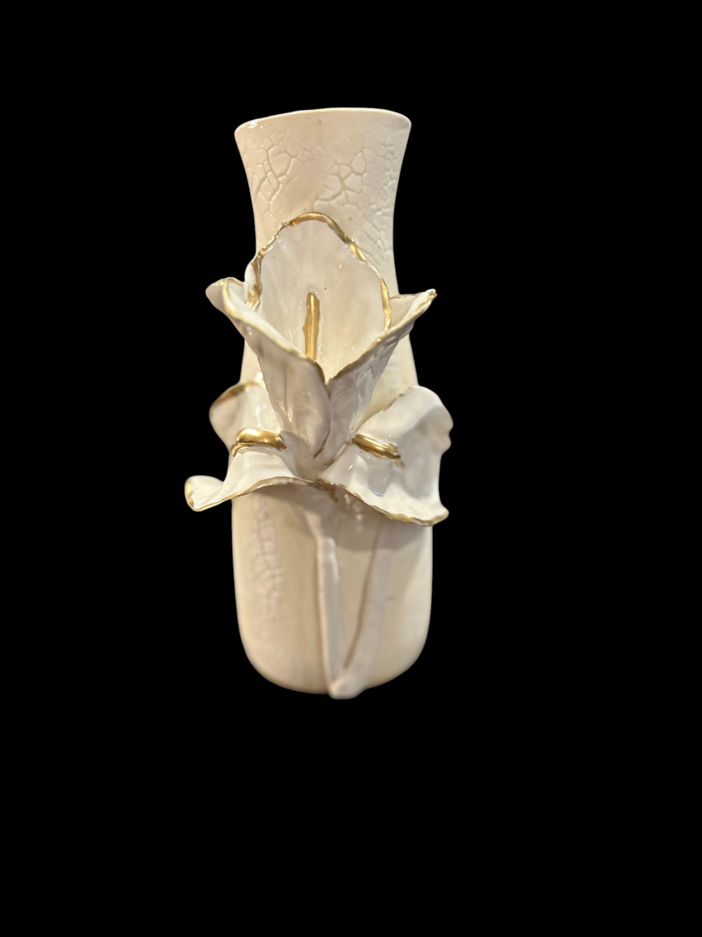 Slip Cast Vase with Sculpted Iris with Gold Leaf Accents 7"