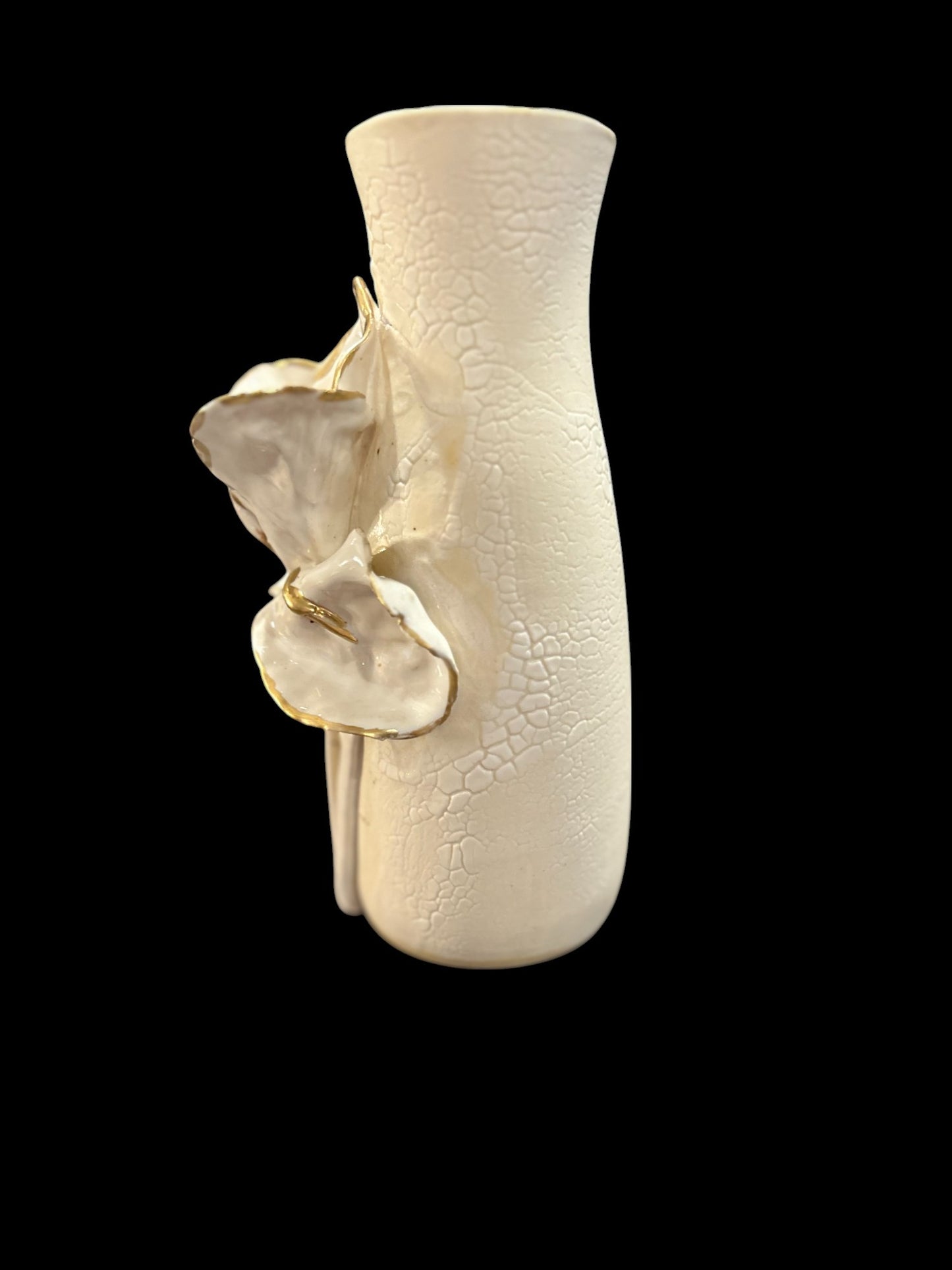 Slip Cast Vase with Sculpted Iris with Gold Leaf Accents 7"