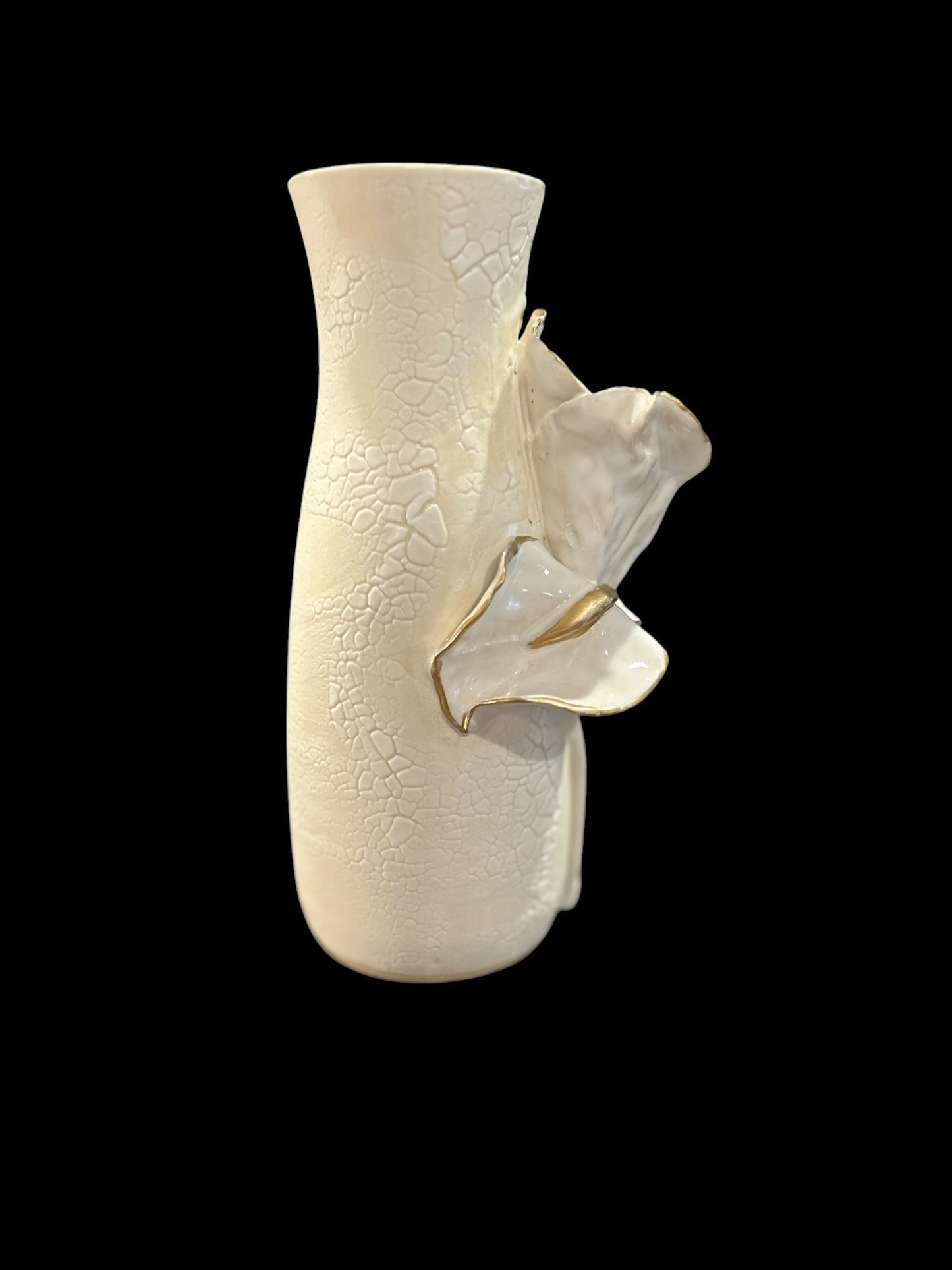 Slip Cast Vase with Sculpted Iris with Gold Leaf Accents 7"