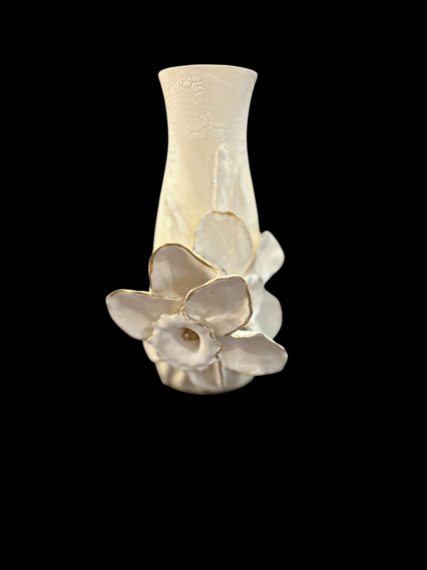 Slip Casted Vase with Sculpted Daffodils and Gold Leaf Accents 7"
