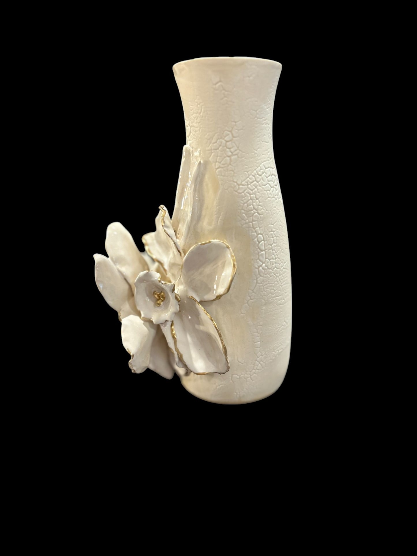 Slip Casted Vase with Sculpted Daffodils and Gold Leaf Accents 7"