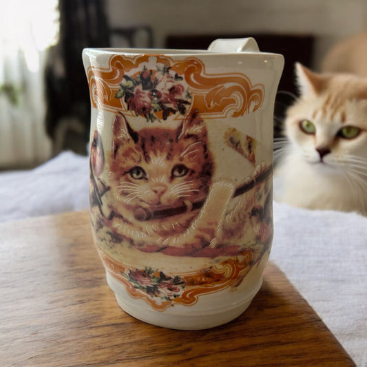 Wheel-Thrown Mug #39 with Cute Kitty Playing Flute Design