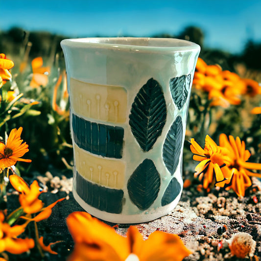 Stamped Leaf and Flower Mug #30 in Yellow and Dark Green