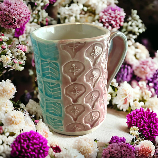 Stamped Handbuilt Art Deco Mug #31 with Stylized Leaves and Flowers in Plum and Aqua