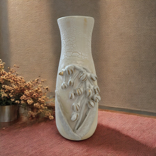Slip Cast Textured Vase with Sculpted Lily of the Valley and Gold Leaf Accents 7"