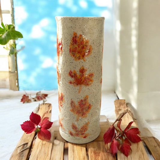Tall Cylinder Vase #22 with Multicolored Fall Leaves on Speckled Clay