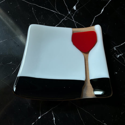 Handmade Fused Glass Cocktail Plate with Red Wine Glass Design
