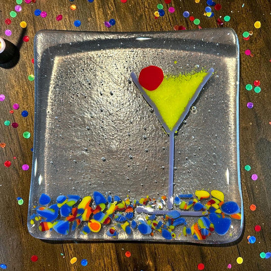 Small Handmade Fused Glass Cocktail or Appetizer Plate with Festive Martini Design
