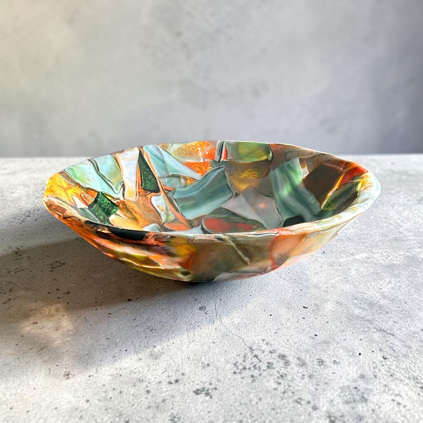 Homemade Fused Glass "Memory" Bowl in Orange, Cream, and Green