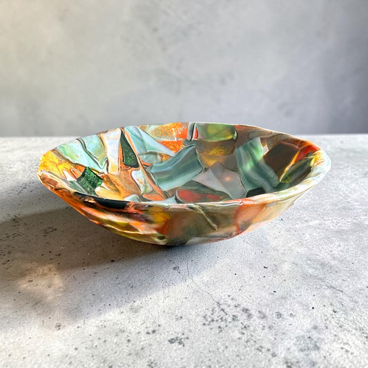 Homemade Fused Glass "Memory" Bowl in Orange, Cream, and Green