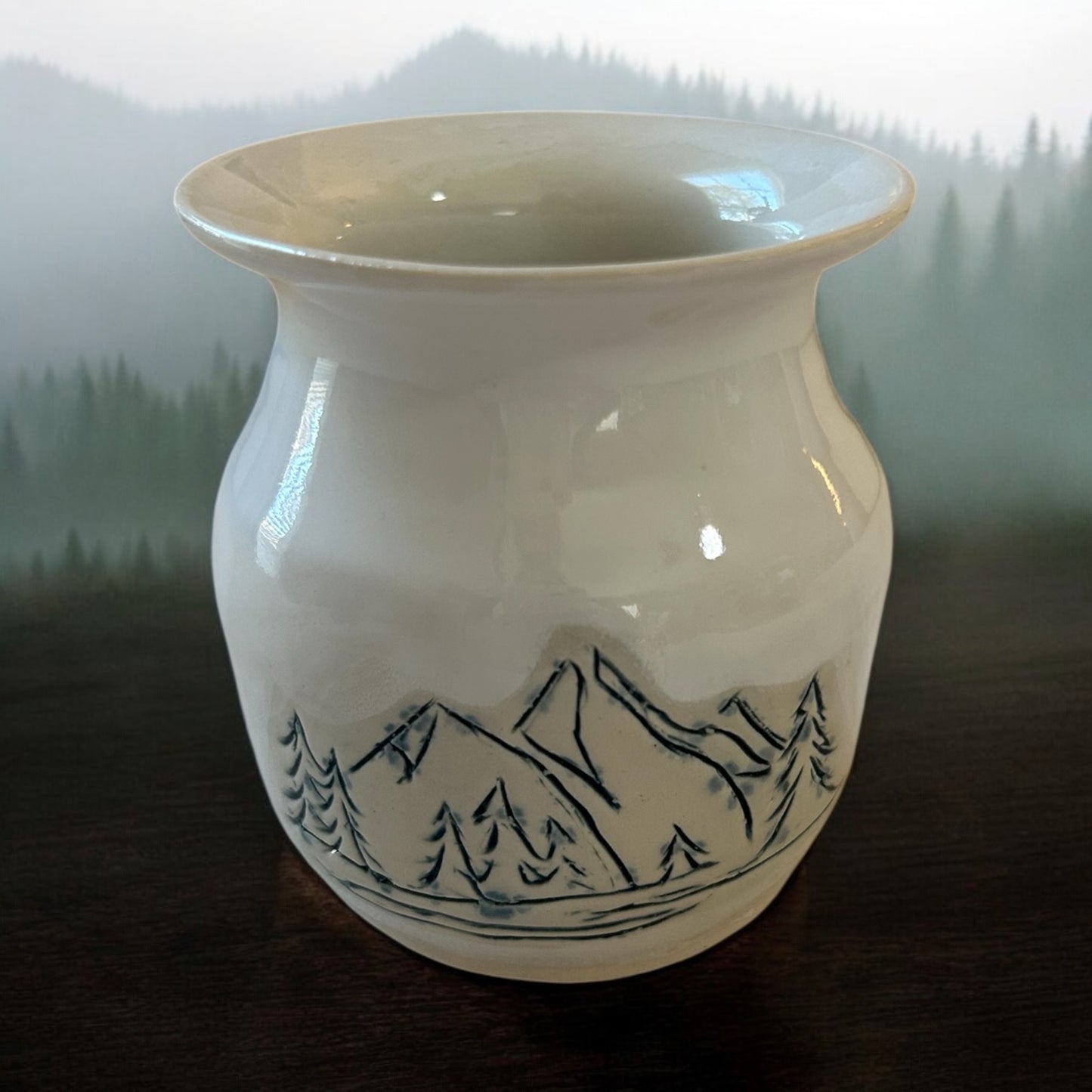 Small Mishima Inlay Bud Vase #15 with Snowy Mountains and Evergreens