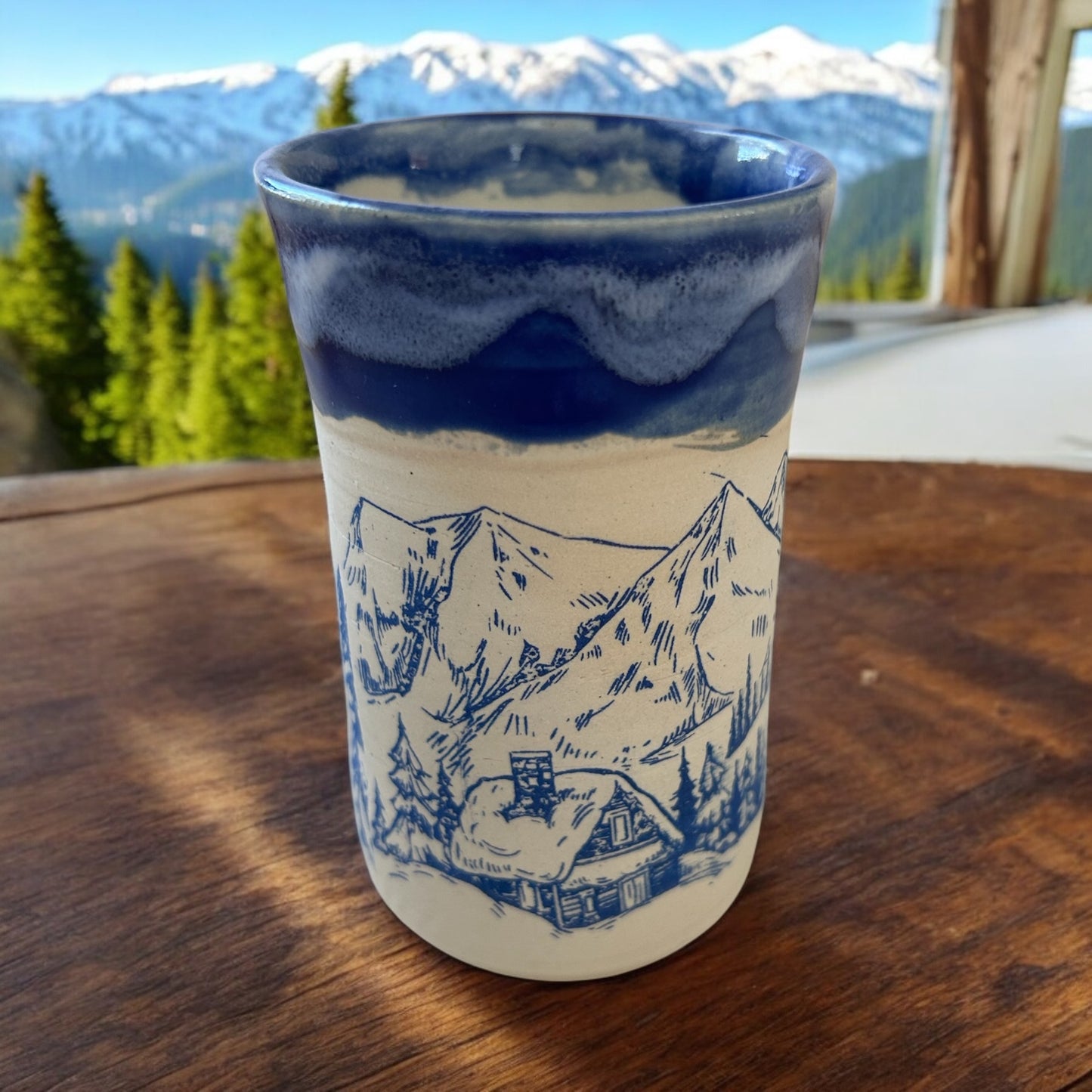 Monoprint Juice Cup #24 with Log Cabin, Snowy Mountains, and Evergreens