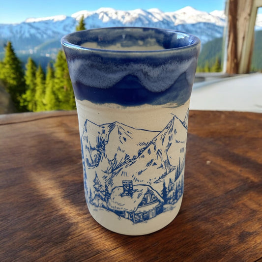 Monoprint Juice Cup #24 with Log Cabin, Snowy Mountains, and Evergreens