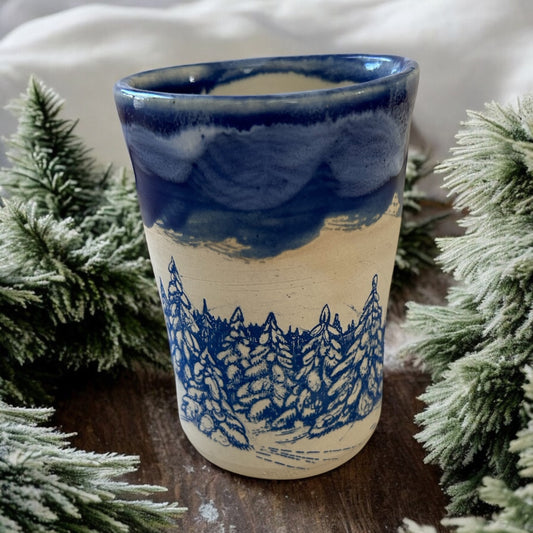 Monoprint Juice Cup #25 with Snowy Evergreens