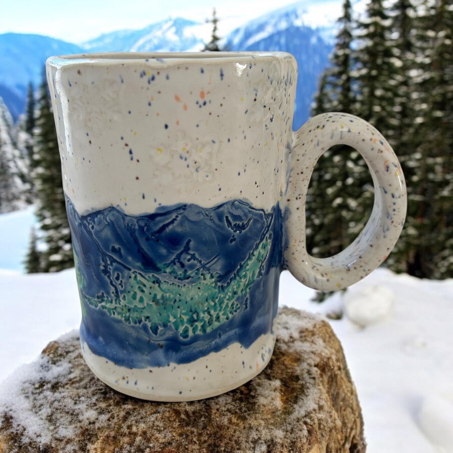 Handmade Textured Mug #49 with Mountains, Evergreens, and Snow Designs