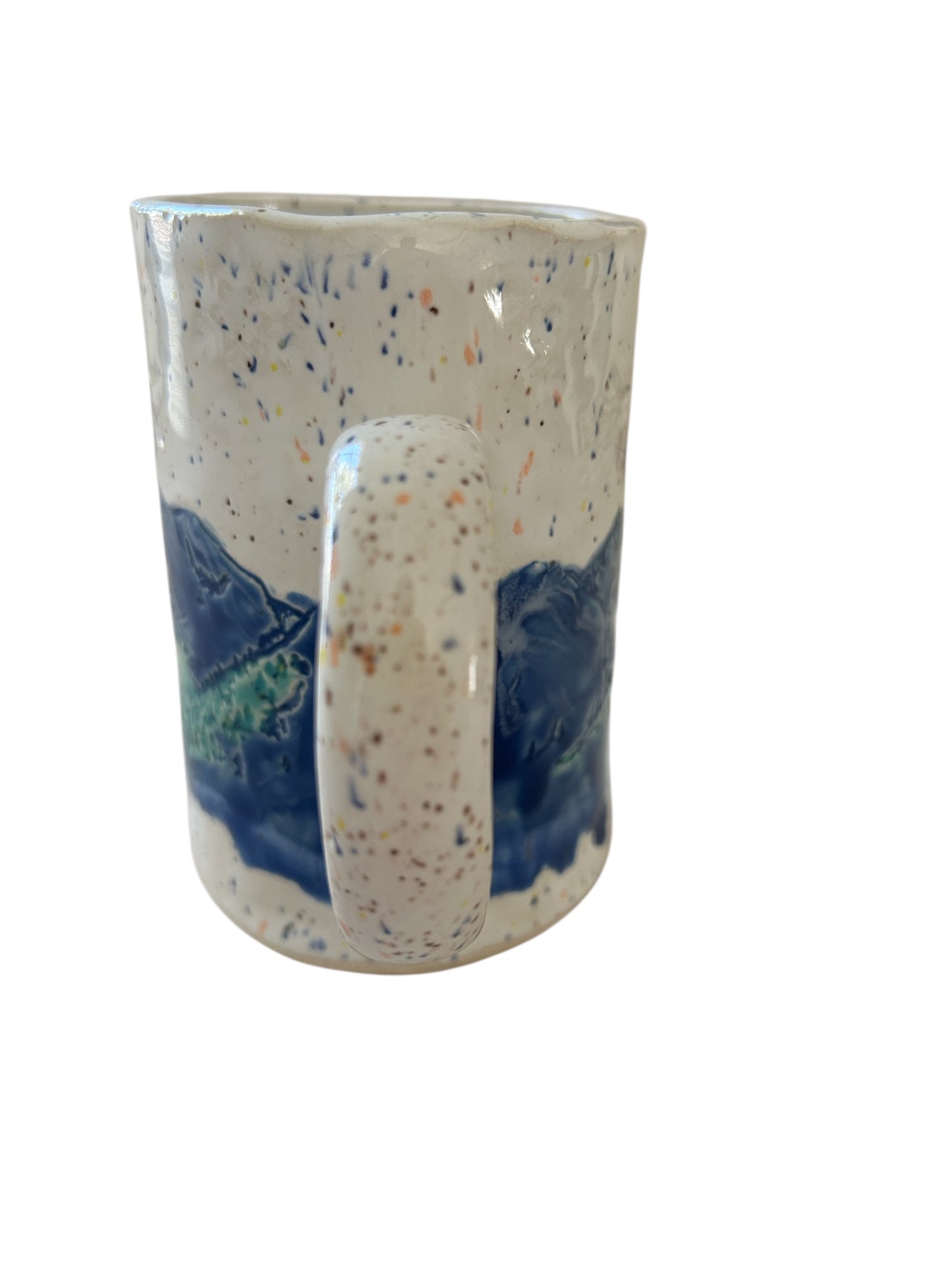 Handmade Textured Mug #49 with Mountains, Evergreens, and Snow Designs