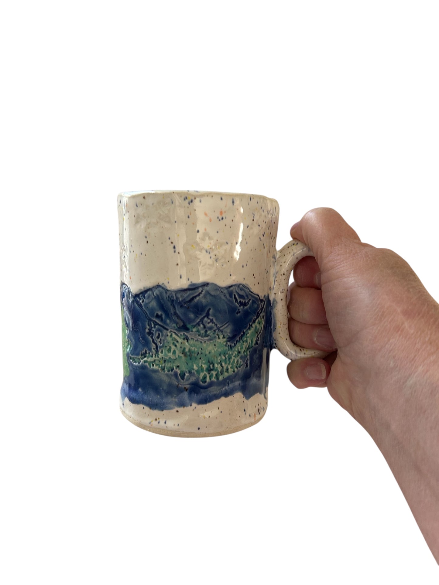 Handmade Textured Mug #49 with Mountains, Evergreens, and Snow Designs