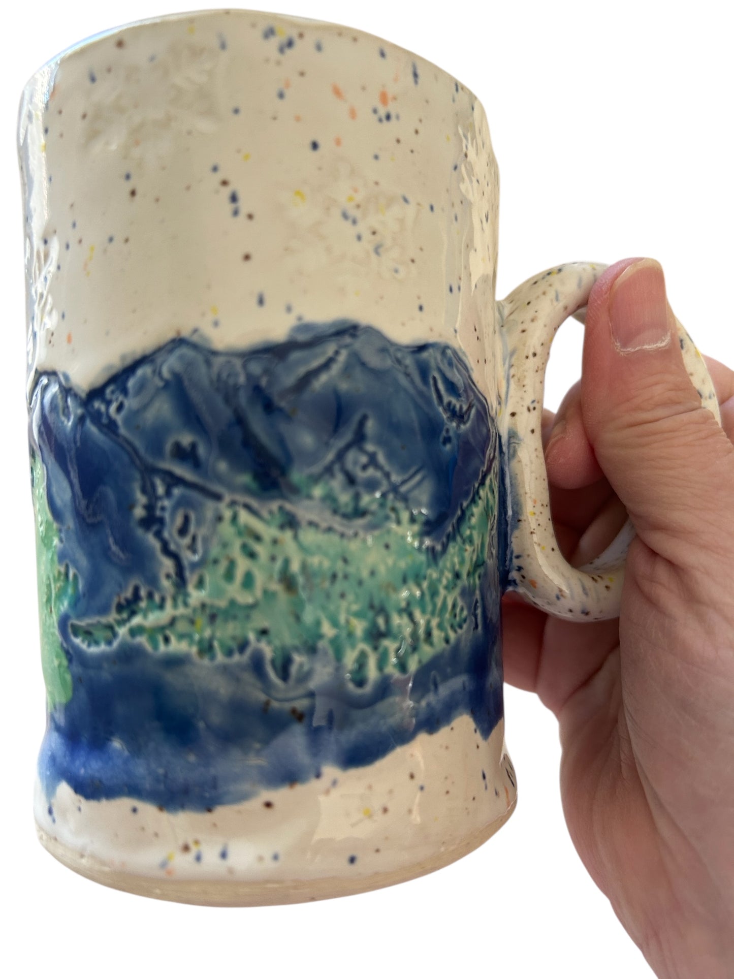 Handmade Textured Mug #49 with Mountains, Evergreens, and Snow Designs