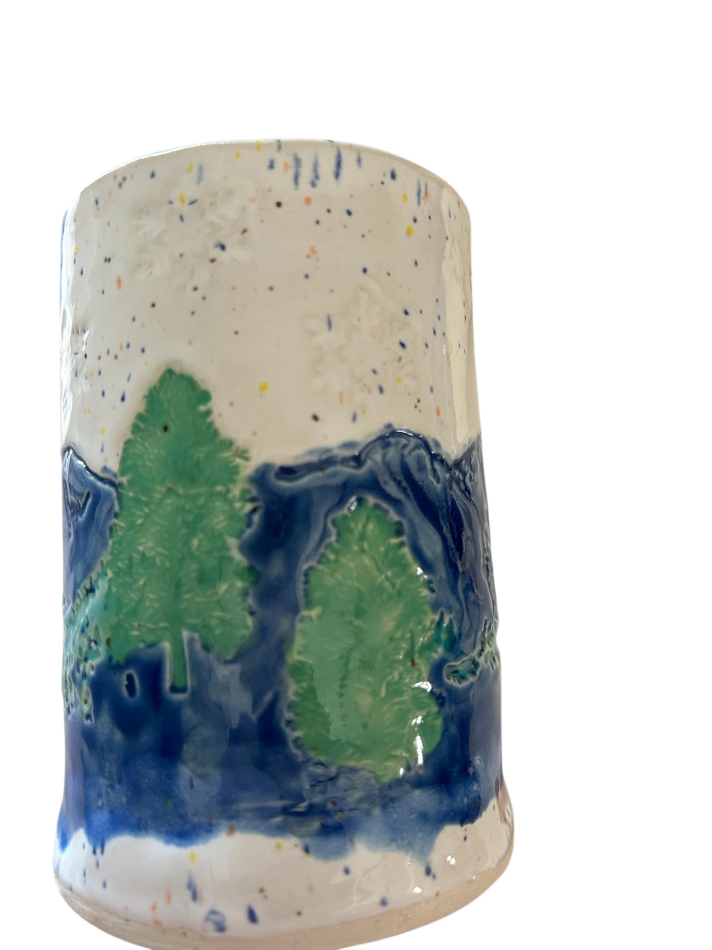 Handmade Textured Mug #49 with Mountains, Evergreens, and Snow Designs