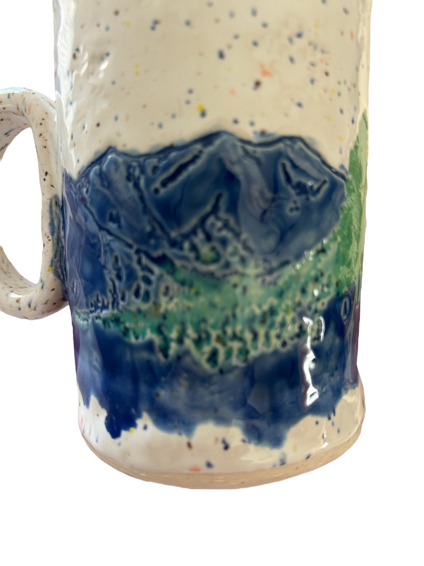 Handmade Textured Mug #49 with Mountains, Evergreens, and Snow Designs