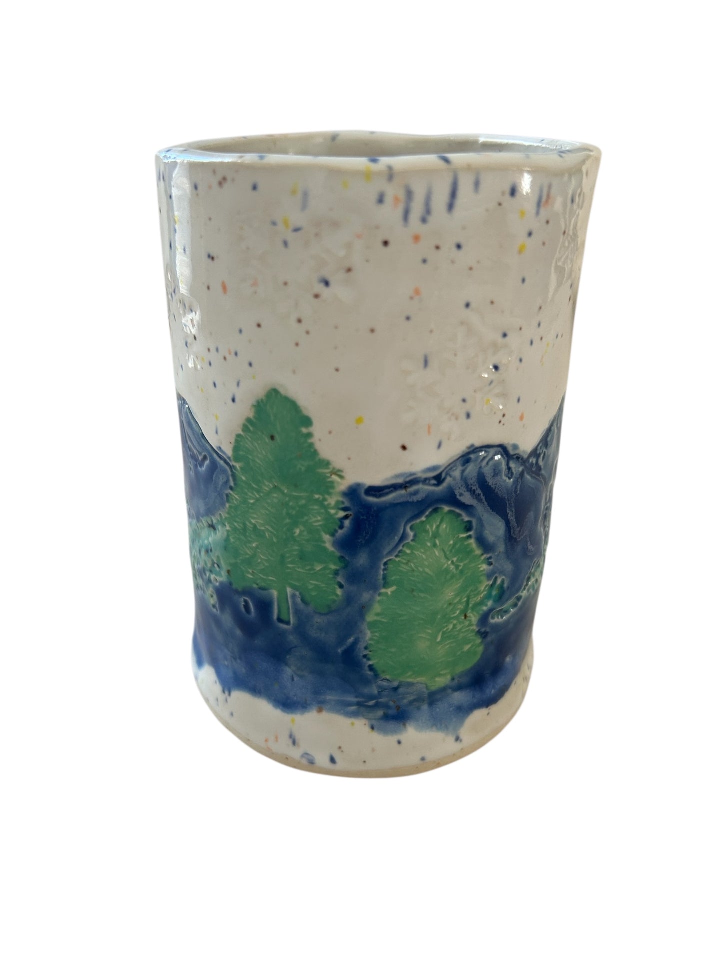 Handmade Textured Mug #49 with Mountains, Evergreens, and Snow Designs