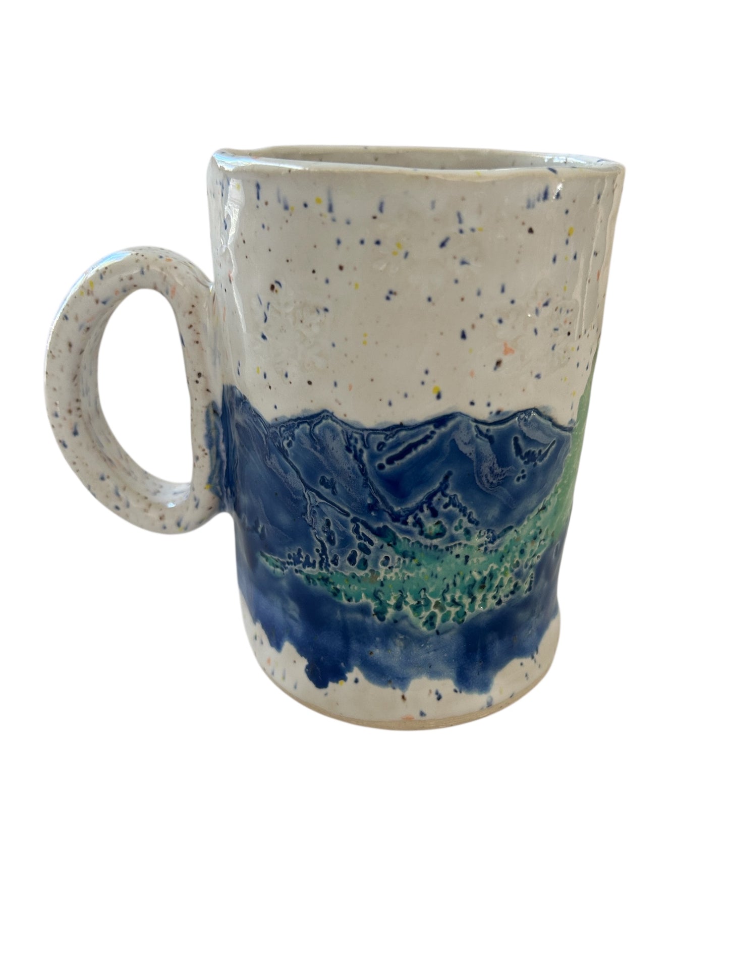 Handmade Textured Mug #49 with Mountains, Evergreens, and Snow Designs