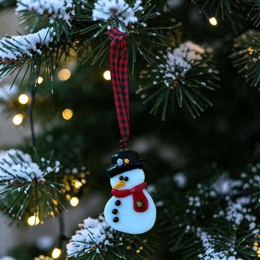 Homemade Fused Glass Christmas Snowman Ornament with Murrine Glass Embellishments