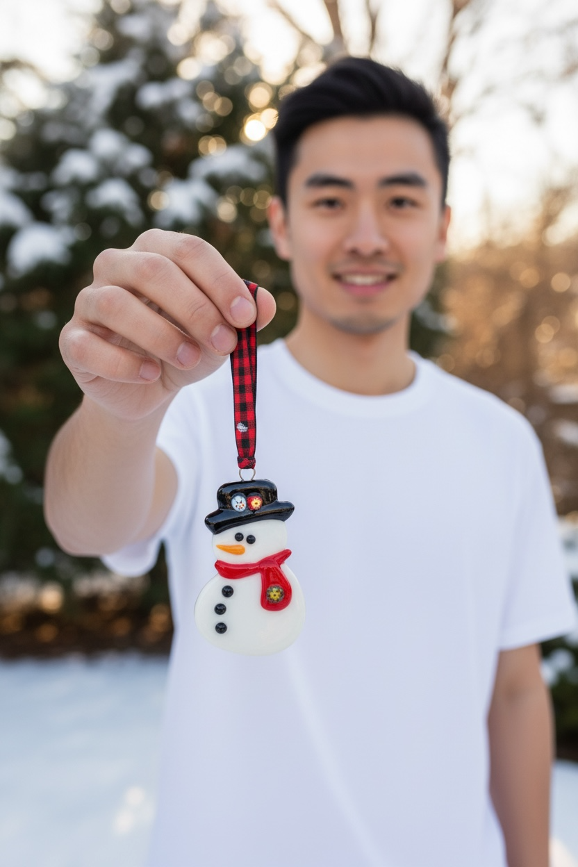 Homemade Fused Glass Christmas Snowman Ornament with Murrine Glass Embellishments