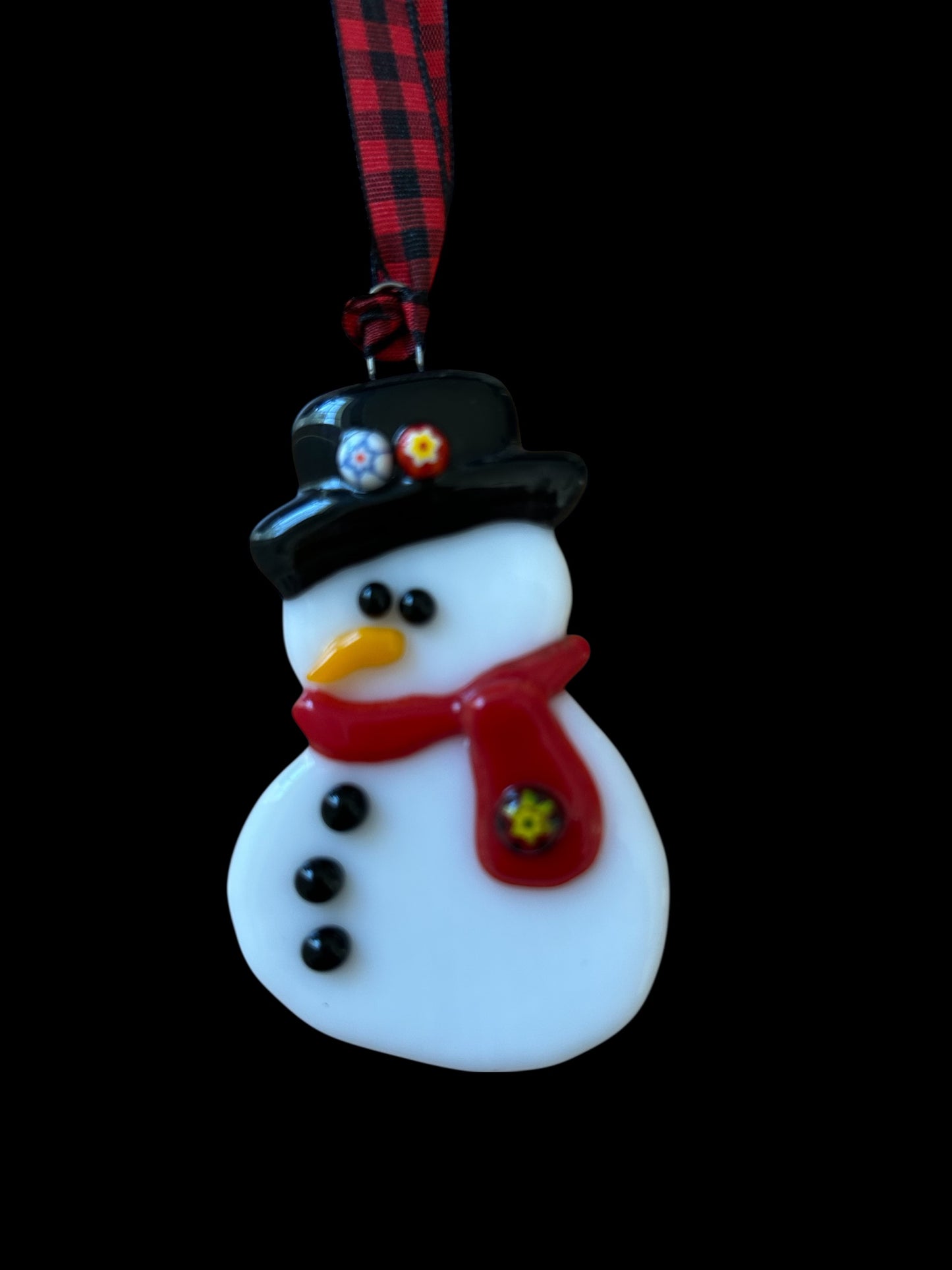 Homemade Fused Glass Christmas Snowman Ornament with Murrine Glass Embellishments