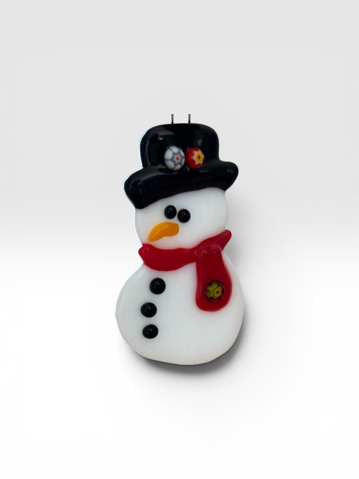 Homemade Fused Glass Christmas Snowman Ornament with Murrine Glass Embellishments