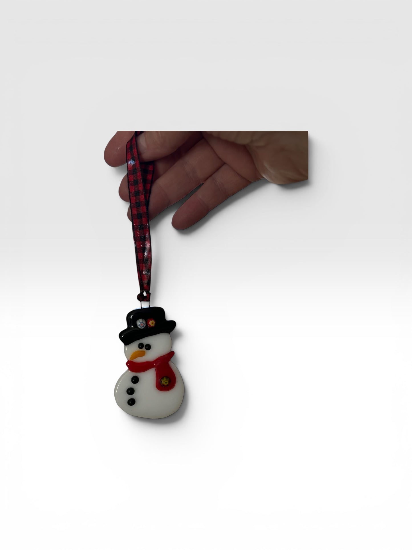Homemade Fused Glass Christmas Snowman Ornament with Murrine Glass Embellishments