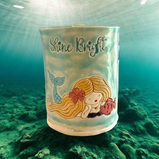 Handbuilt Mug #11 with Stamped Shine Bright Mermaid, Palm Trees, and Lighthouse