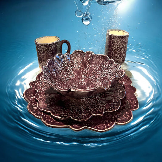 Complete Dinnerware Set for One #19 with Textured Ocean Designs in Mulberry