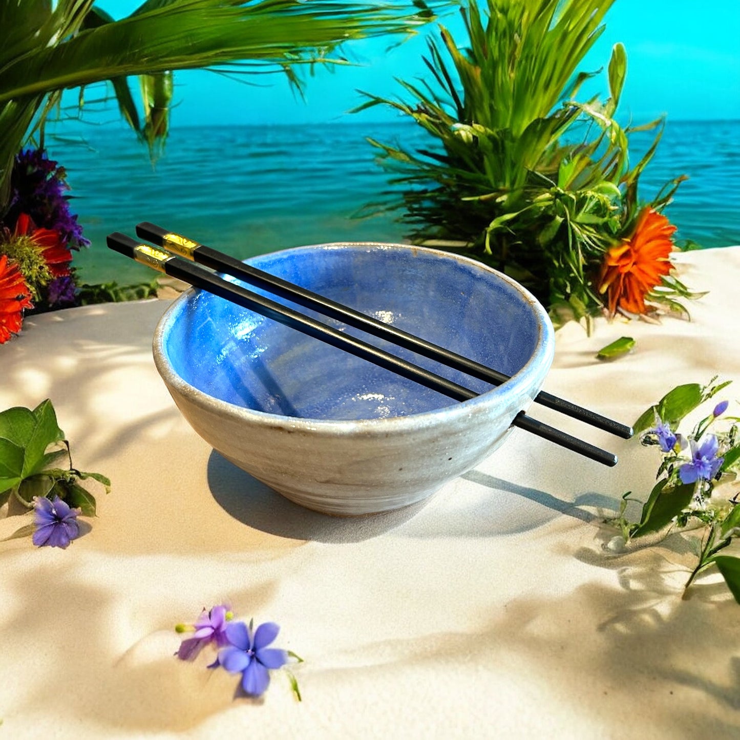 Wheel-Thrown Ramen Noodle Bowl #23 with Built-In Chopsticks Holder with Handpainted Shell in Blue and White