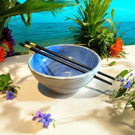 Wheel-Thrown Ramen Noodle Bowl #23 with Built-In Chopsticks Holder with Handpainted Shell in Blue and White