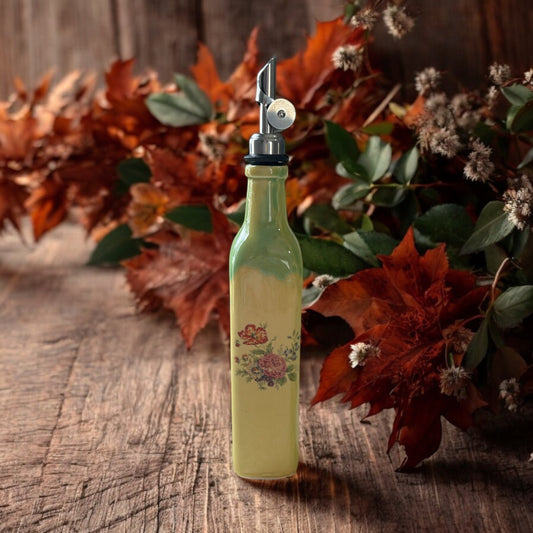 Slip Cast Olive Oil Cruet #2 with Fall Flowers and Leaves