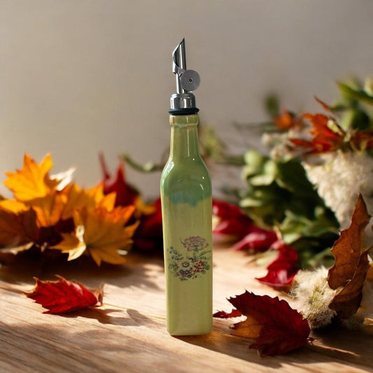 Slip Cast Olive Oil Cruet #3 with Fall Flowers and Leaves in Yellow Orange and Green