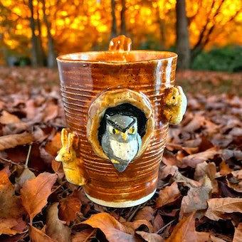 Wheel-Thrown Textured Mug #17 with Sculpted Owl and Sprigged Squirrel and Rabbit
