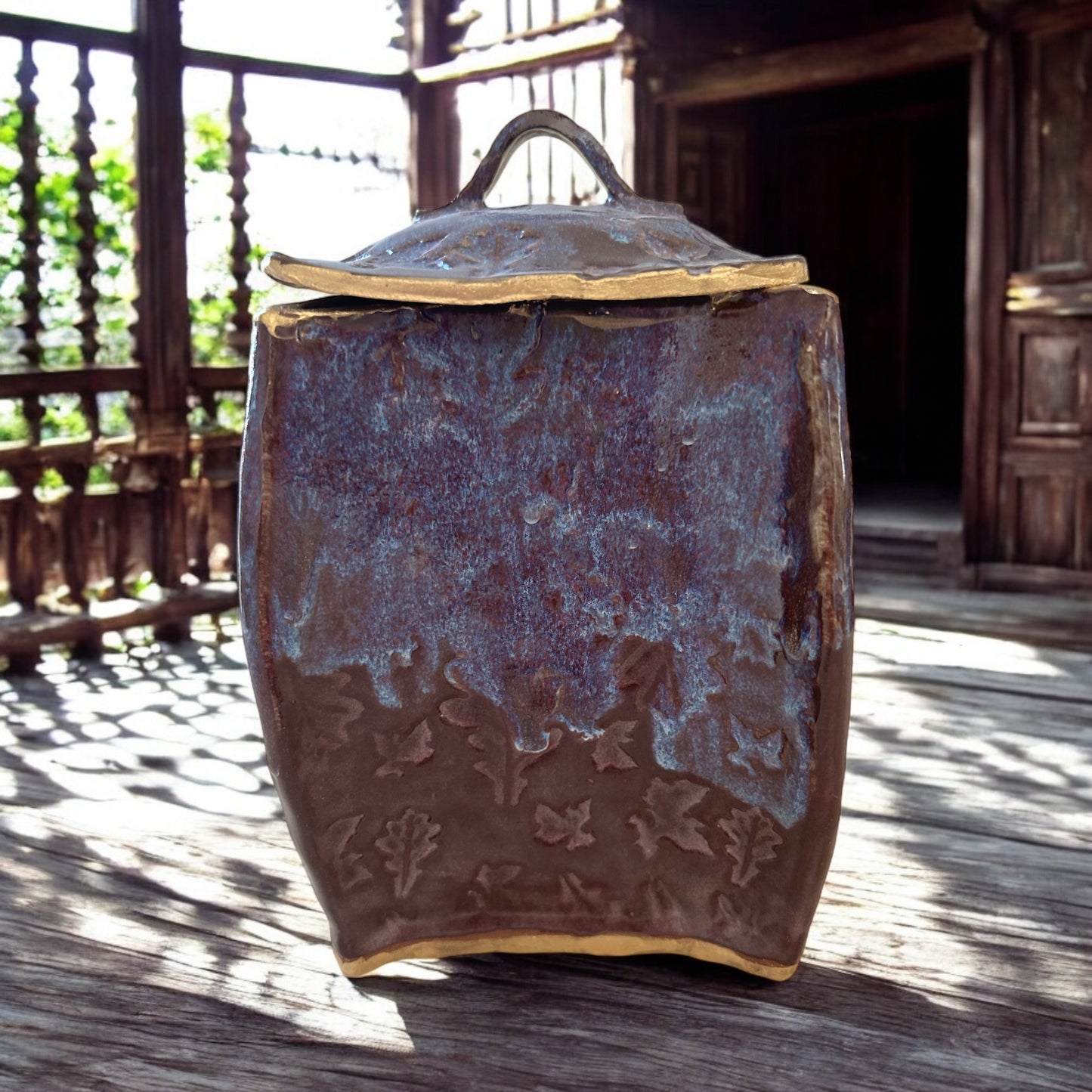 Medium Pagoda Dry Goods Storage Container #34 with Oak Leaves in Burgundy and Gold Leaf Accents