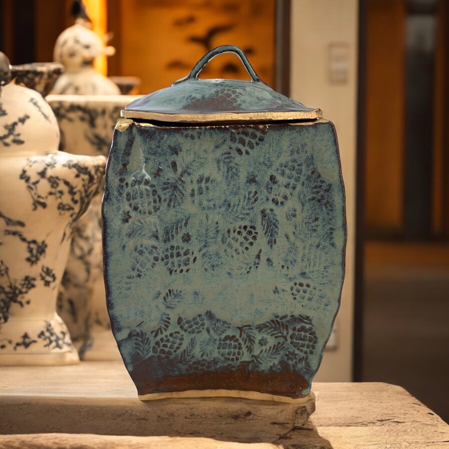 Large Pagoda Dry Goods Storage Container #33 with Pinecones and Greenery in Toasted Sage and Gold Leaf Accents
