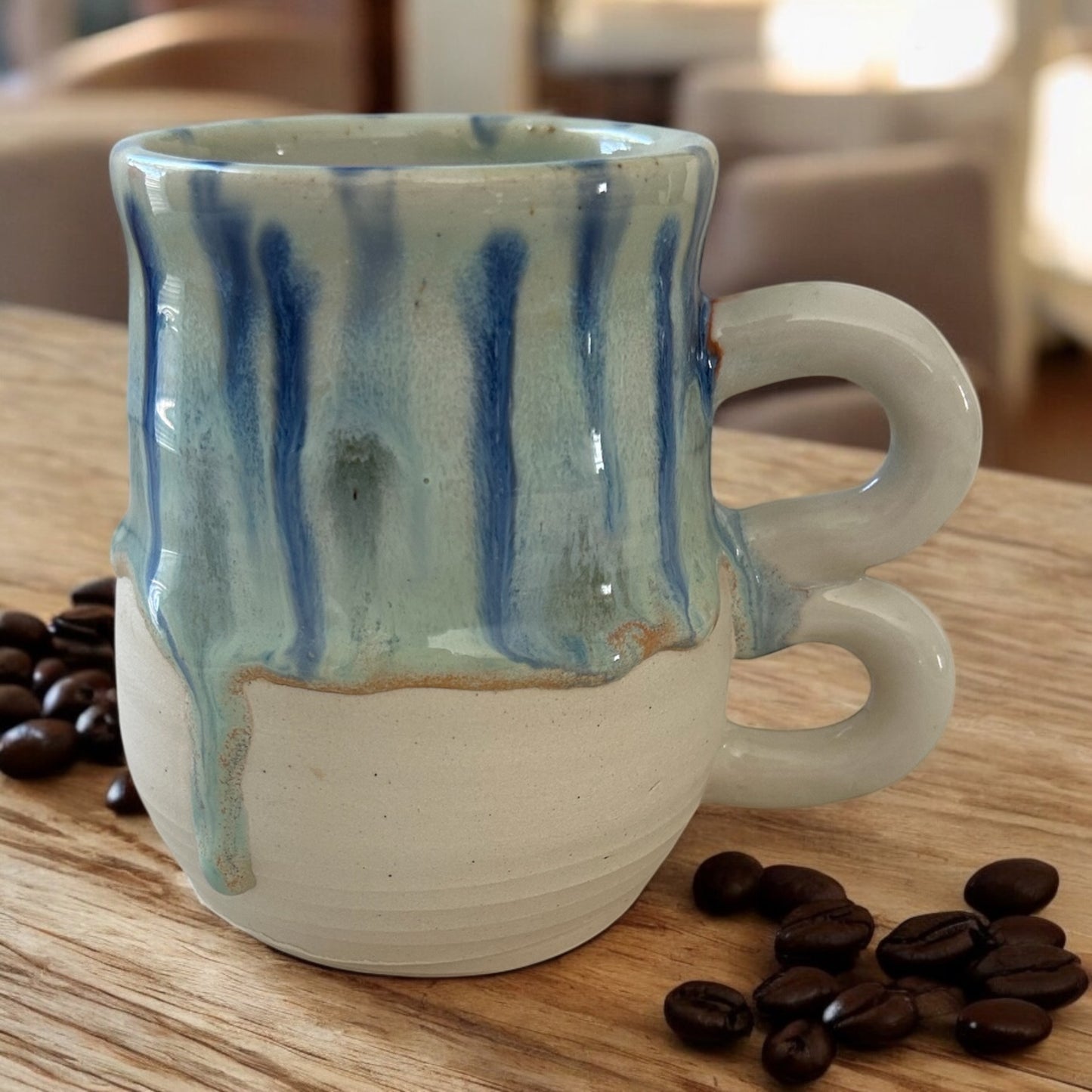 Wheel-Thrown Mug #22 with Peacock Glaze and Knuckle Handle