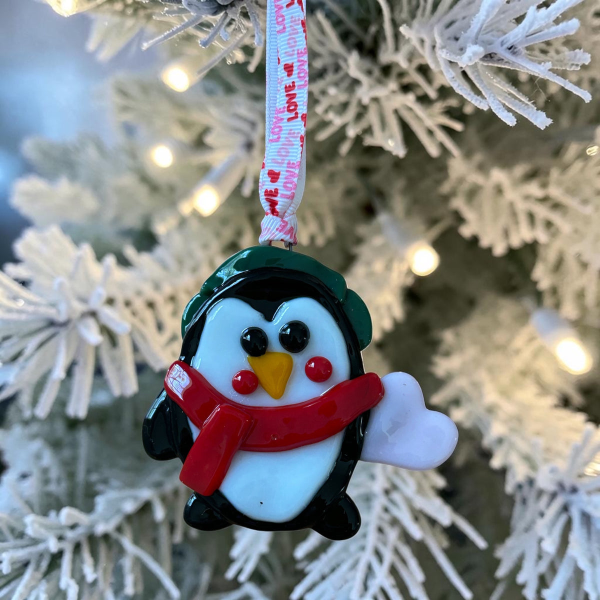 Homemade Fused Glass Penguin with a Heart Christmas Ornament