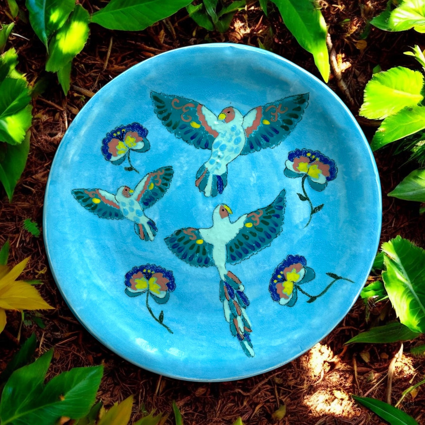 Handbuilt 12" Platter #77 with Handpainted Lovebirds and Stylized Flowers in Sky Blue