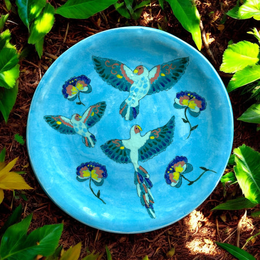 Handbuilt 12" Platter #77 with Handpainted Lovebirds and Stylized Flowers in Sky Blue